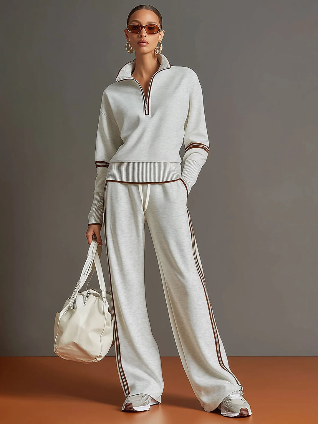 Gray Women's Two Piece Set Wide Leg Pants and Blouse — Philippa Half-Zip Striped - White Front Full Studio
