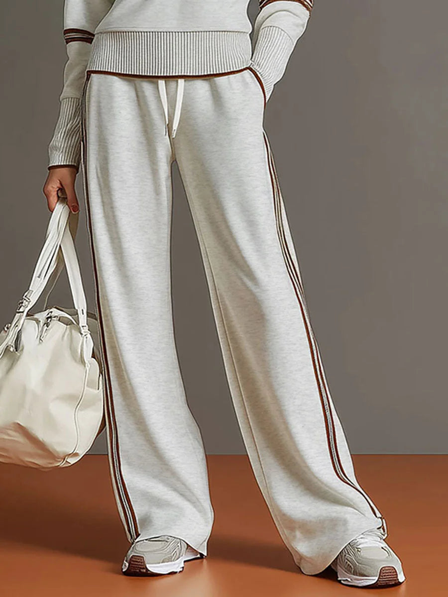 Gray Women's Two Piece Set Wide Leg Pants and Blouse — Philippa Half-Zip Striped - White Pants Detail