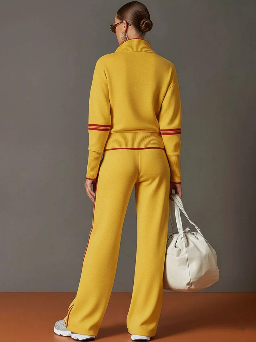 Yellow Women's Two Piece Set Wide Leg Pants and Blouse — Philippa Half-Zip Striped - Back Full