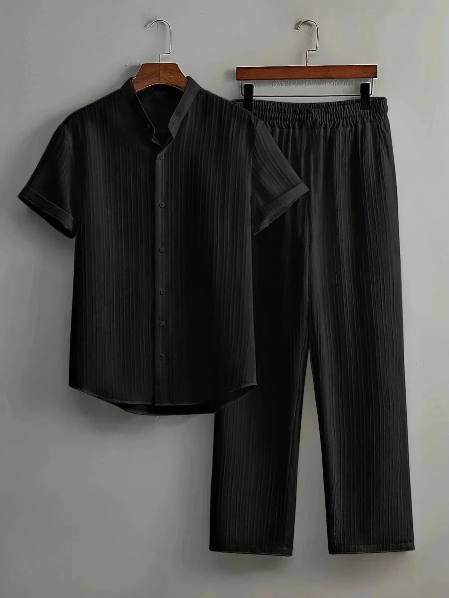 Black Men's Two-Piece Summer Set — Claudia Short Sleeve Shirt & Pants - Flat Lay Front