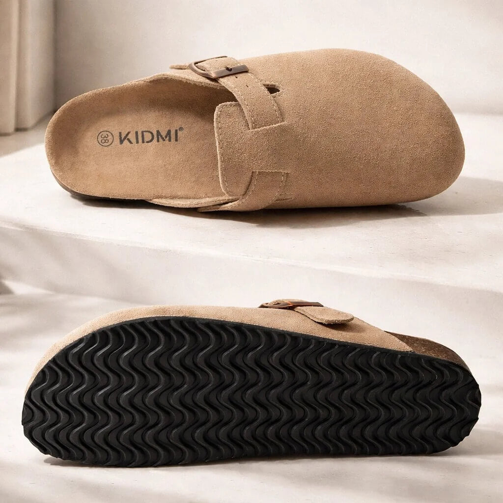 Beige Unisex Suede Clogs — Logan Buckle Slip-On Cork Footbed - Sole Detail