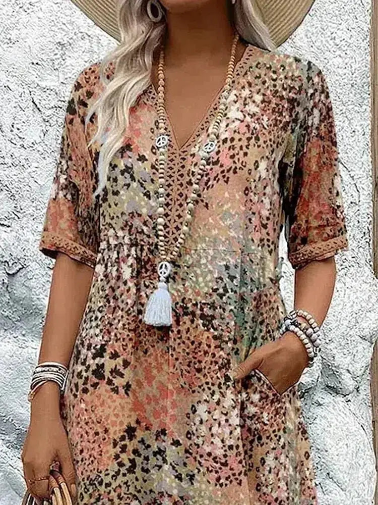 Floral Women's Floral V-Neck A-Line Midi Dress — Zelda Half Sleeve Casual - Close Up Neckline