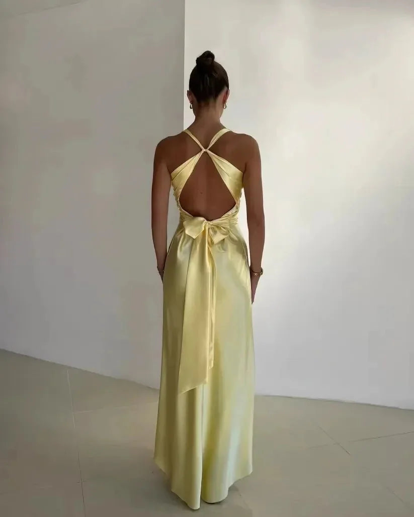 Yellow Women's Yellow V-Neck Backless Maxi Gown — Kiera Satin Tie Detail - Back Detail