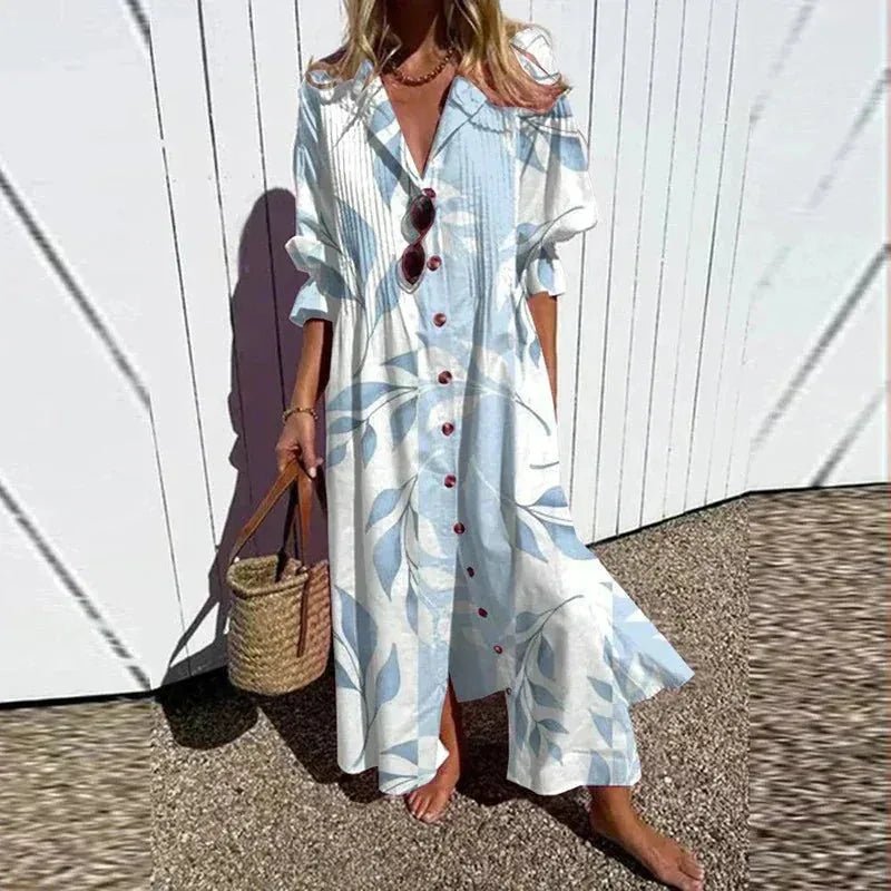 Scarlett | Elegant V - Neck Beach Dress With Long Sleeves - Light Blue - 5