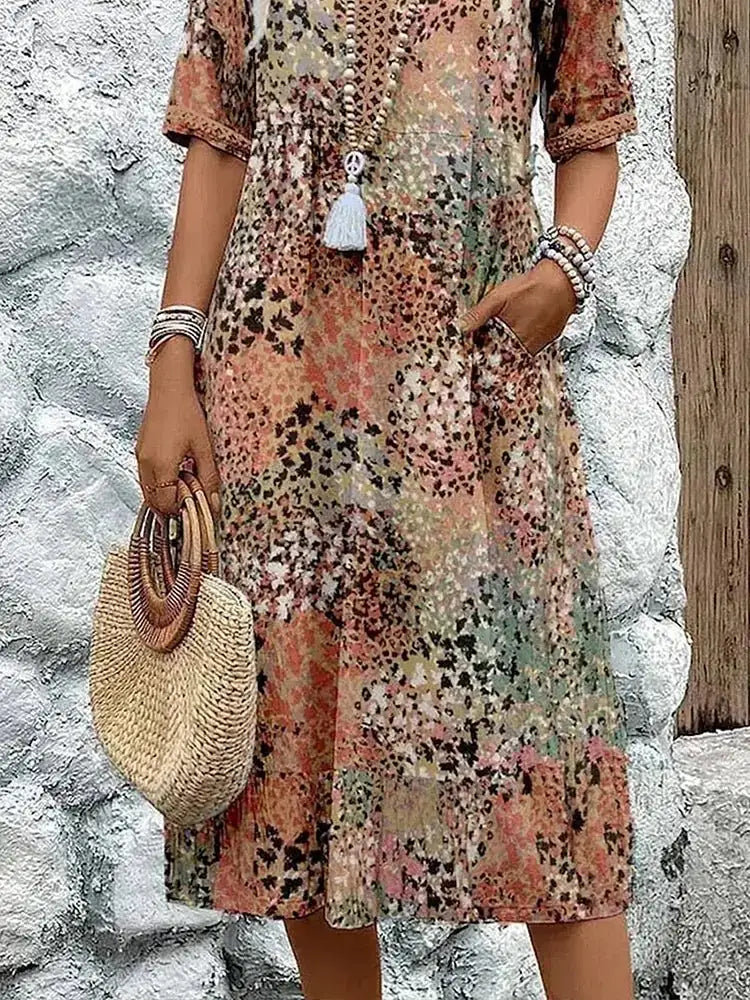 Floral Women's Floral V-Neck Beach Dress — Kennedy Half Sleeve Bohemian - Worn Outdoor