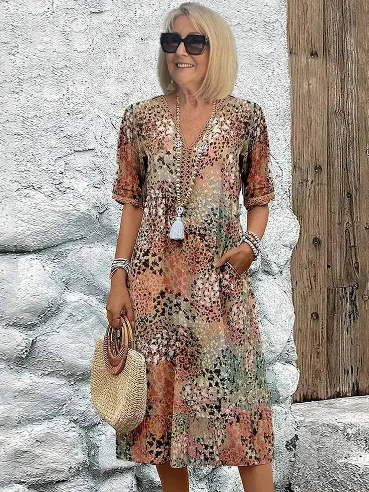 Multicolor Women's Floral V-Neck Beach Dress — Kennedy Half Sleeve Bohemian - Front Full