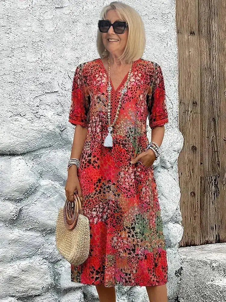 Red Women's Floral V-Neck Beach Dress — Kennedy Half Sleeve Bohemian - Front Pose