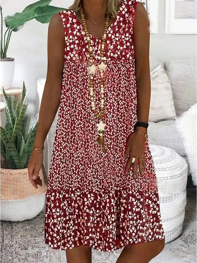 Red Women's V-Neck Floral Beach Dress — Poppy Sleeveless Tiered Midi - Studio White