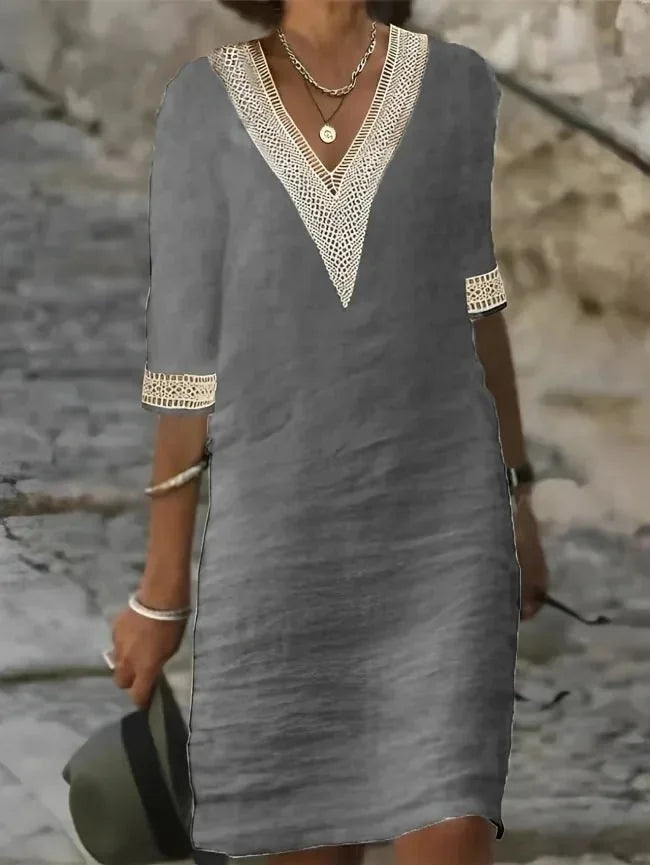 Gray Women's V-Neck Crochet Beach Dress with Lace Trim — Delaney Tunic Bohemian Lightweight - Side Pose