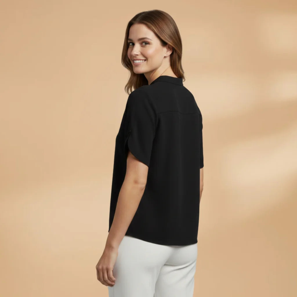 Black Women's Lightweight V-Neck Blouse with Short Sleeves - Studio Pose