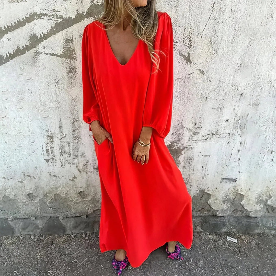 Serena | Elegant V - Neck Long Sleeve Beach Dress - Red - 5