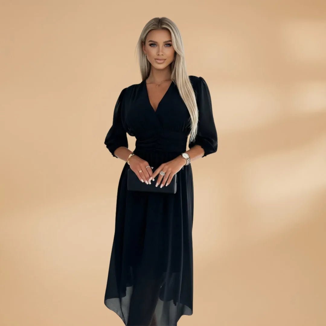 Stella | Elegant V - Neck Long Sleeve Midi Dress - Black - 7
