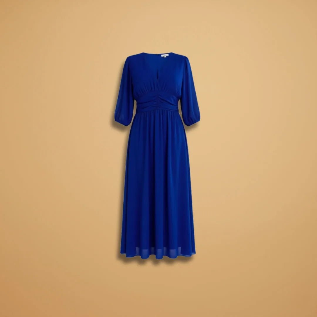 Stella | Elegant V - Neck Long Sleeve Midi Dress - Blue - 1