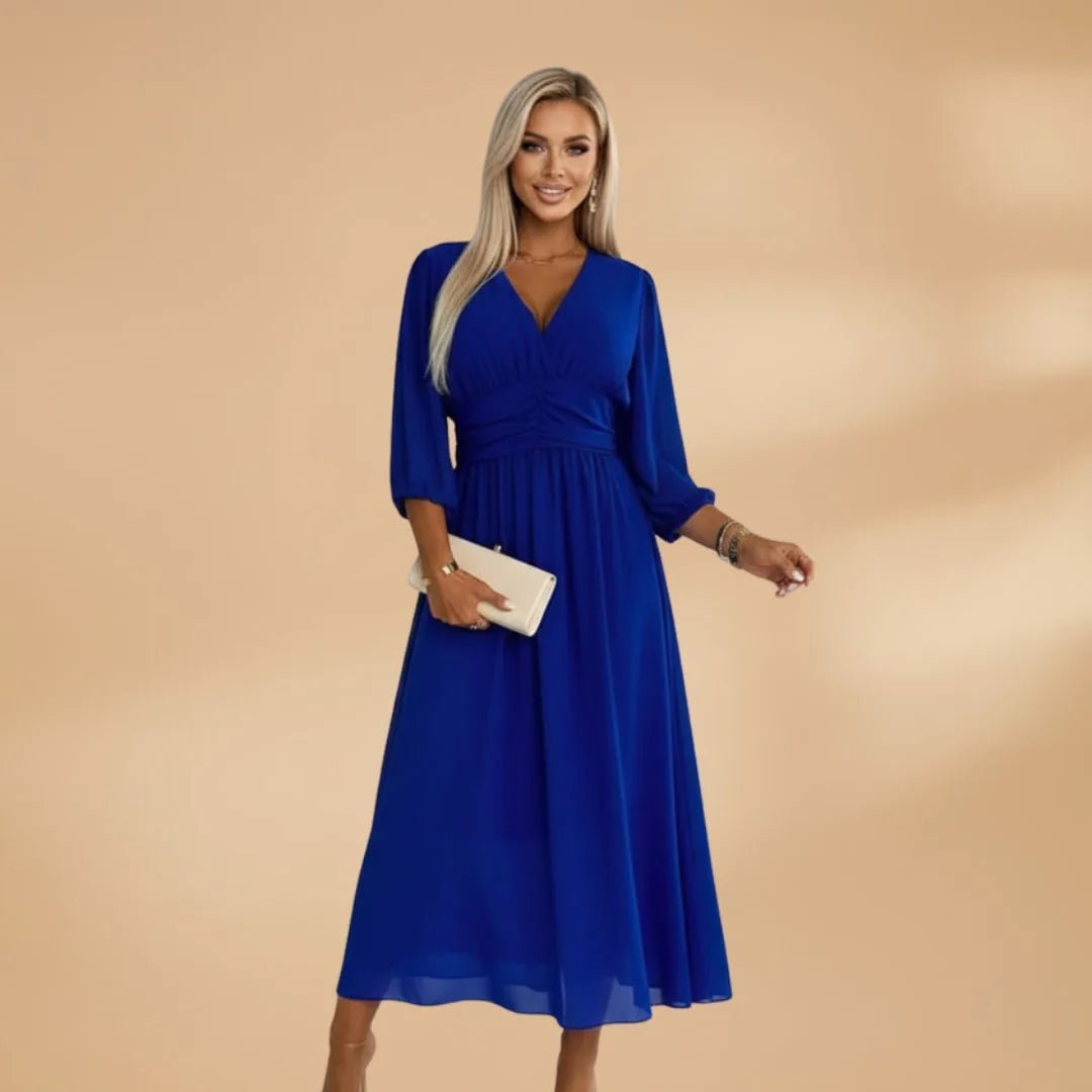 Stella | Elegant V - Neck Long Sleeve Midi Dress - Blue - 2