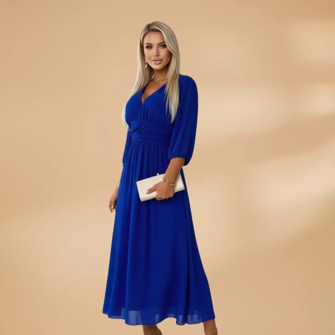 Stella | Elegant V - Neck Long Sleeve Midi Dress - Blue - 3