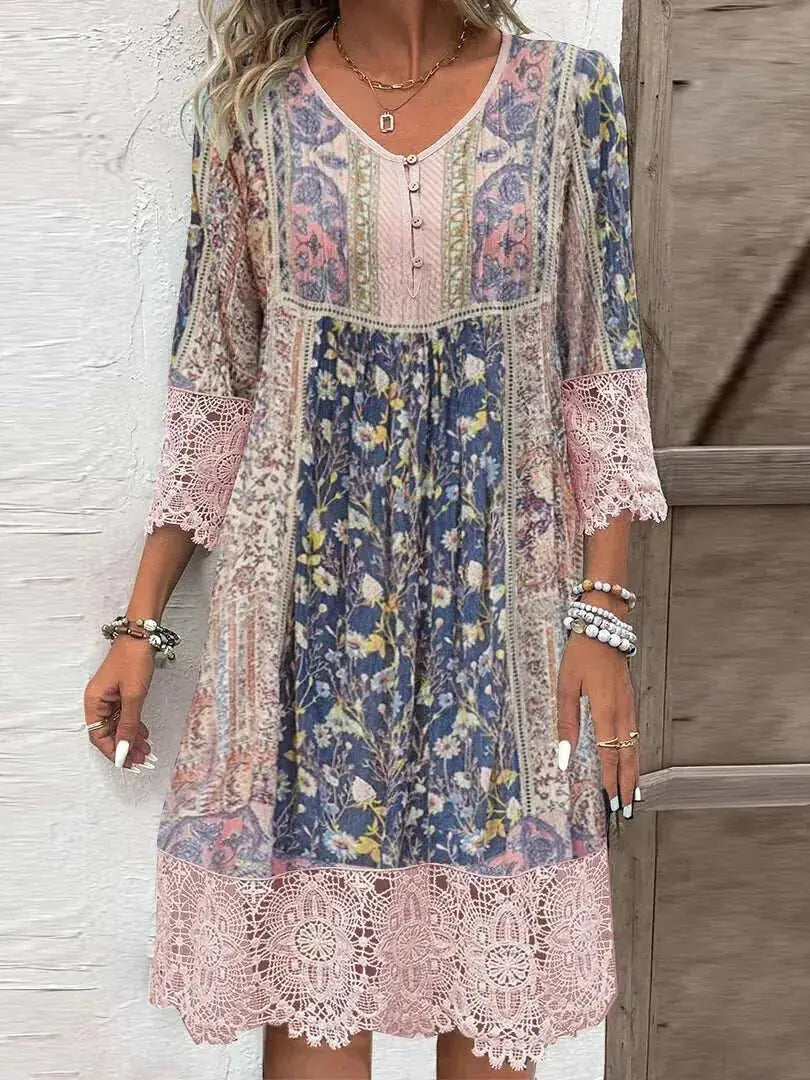 Multicolor Women's Floral V-Neck Maxi Dress — Francesca Lace Trim Bohemian - Front Full