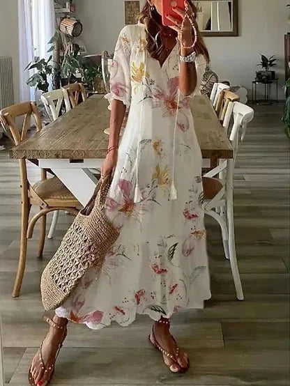 Peach Women's Summer Maxi Dress — Alexis V-Neck Diamond Print Bohemian - Outdoor Full