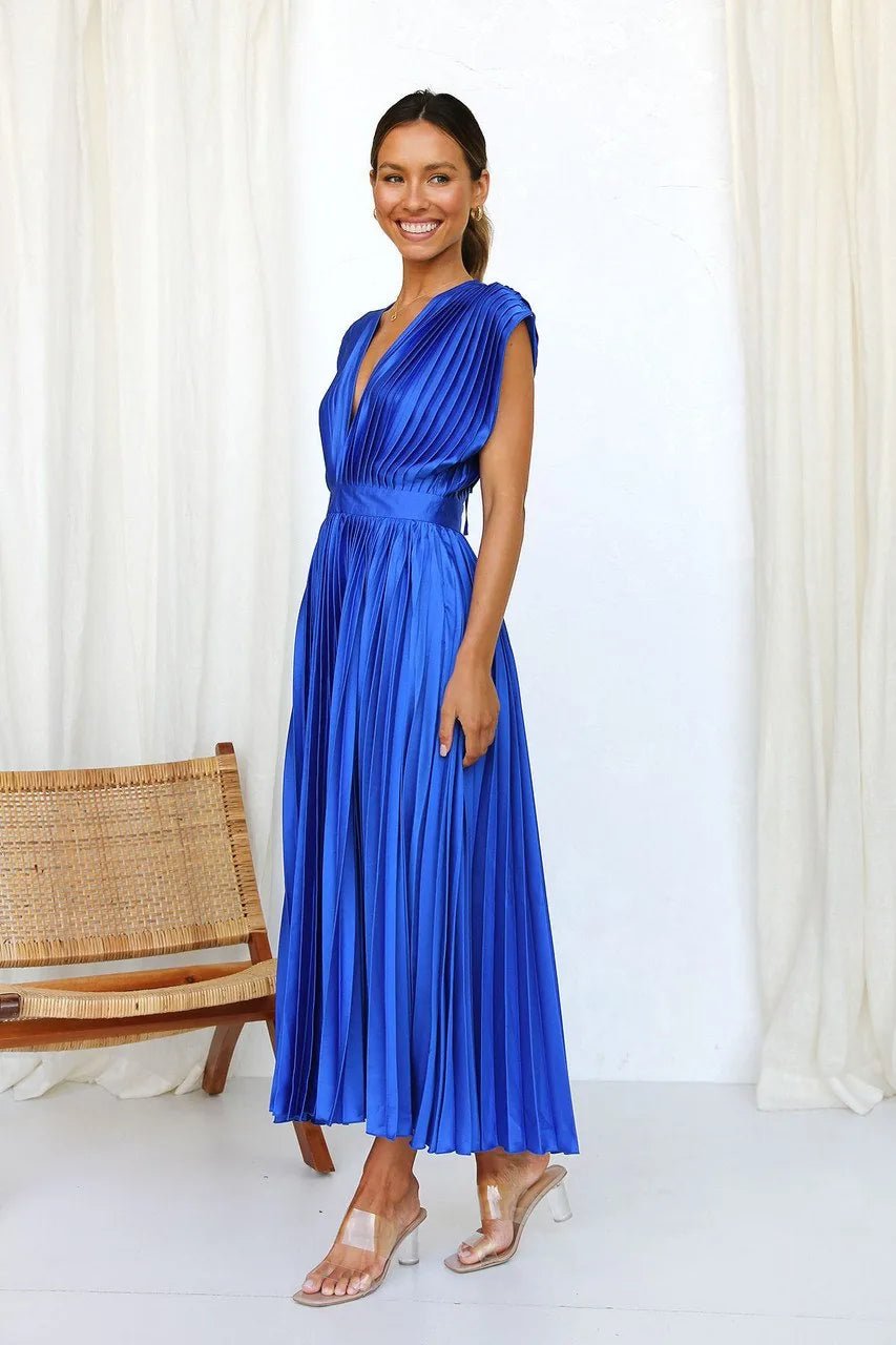 Ruby | Elegant V - Neck Pleated Champagne Dress - Blue - 10