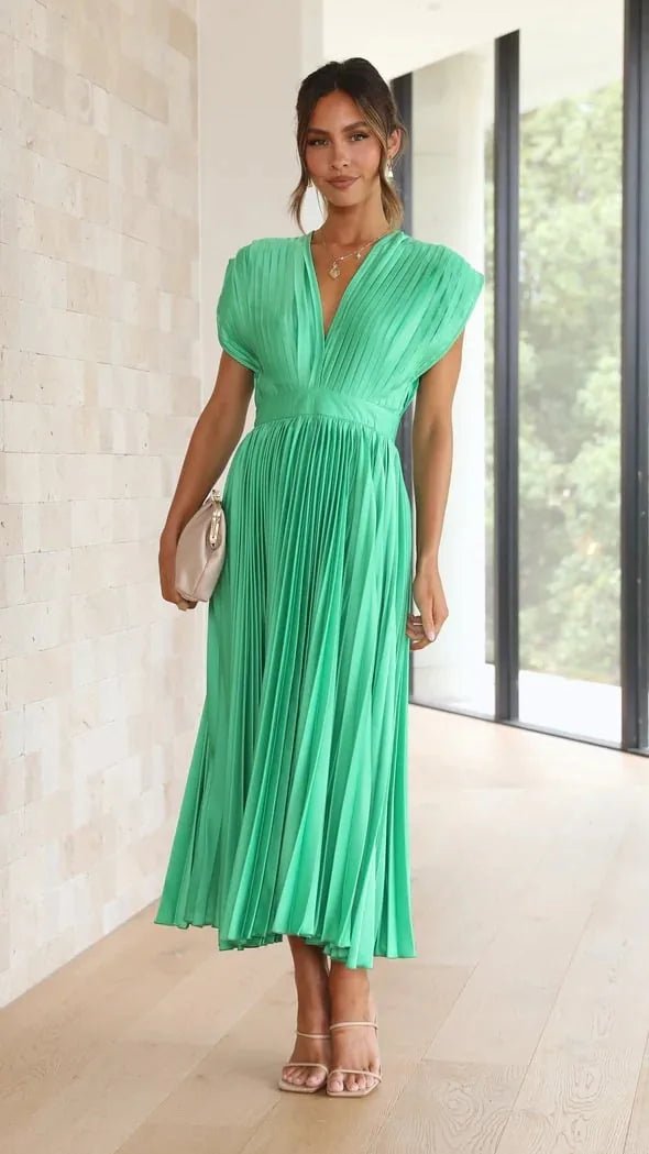 Ruby | Elegant V - Neck Pleated Champagne Dress - Green - 12