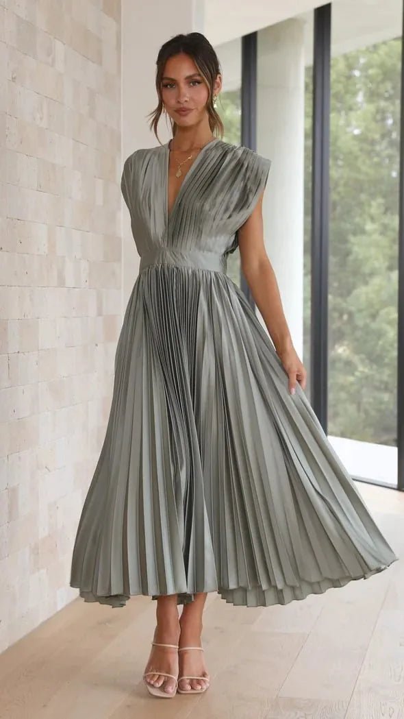 Ruby | Elegant V - Neck Pleated Champagne Dress - Light Gray - 18