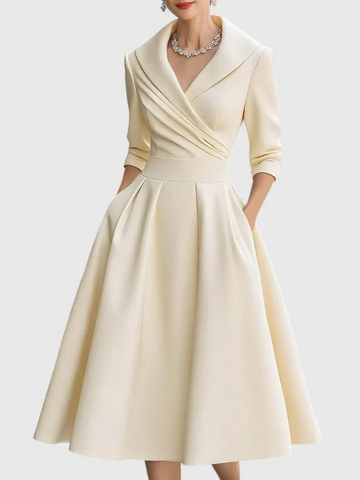 Beige Women's V-Neck Satin Midi Dress — Lyla Pleated A-Line Cocktail - Front Studio