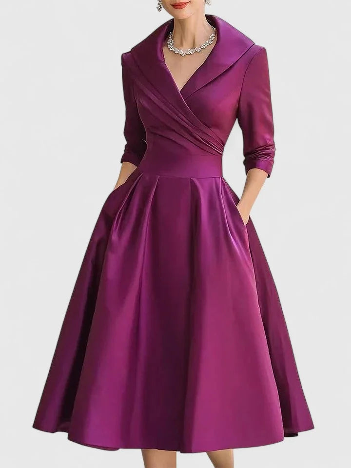 Purple Women's V-Neck Satin Midi Dress — Lyla Pleated A-Line Cocktail - Front Model
