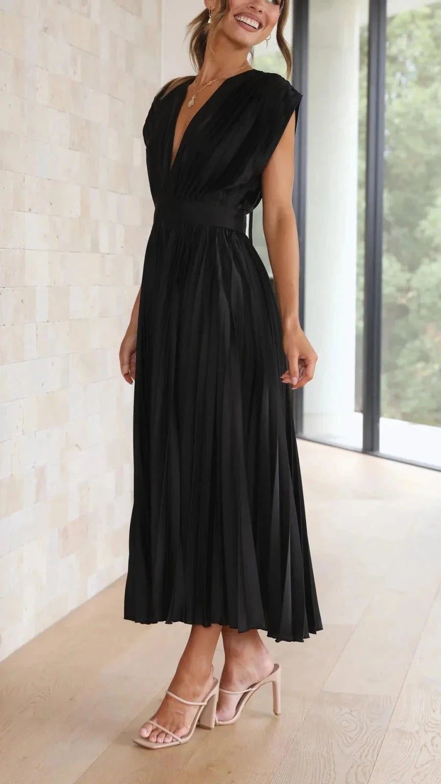 Black Women's V-Neck Pleated Wedding Guest Dress — Janie Short Sleeve Midi - Waist Tie
