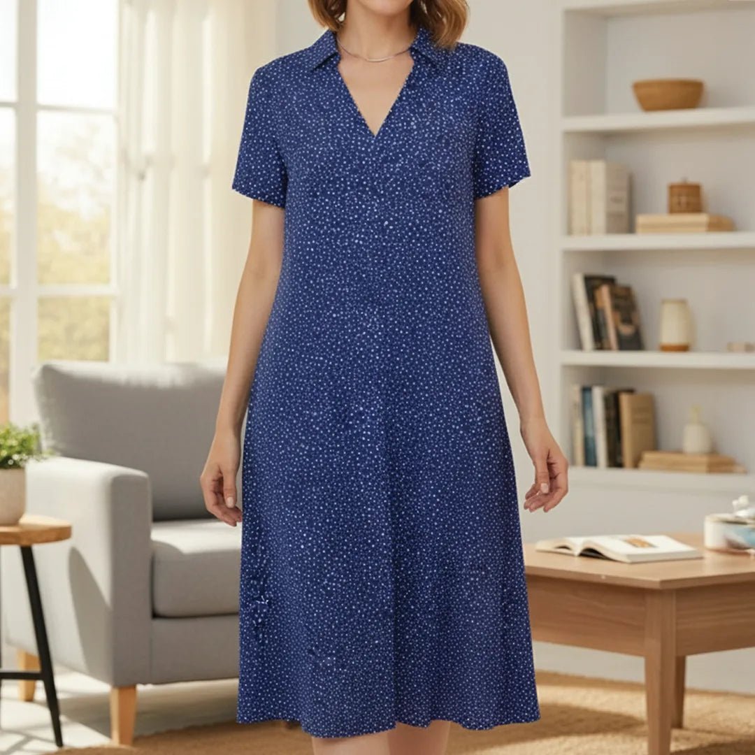 Margaret | Chic V - Neck Polka Dot Midi Dress With Short Sleeves - Navy Blue - 2