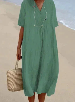 Grn Women's V-Neck Short Sleeve Lightweight Summer Dress — Maya Tunic Breathable - Studio Pose