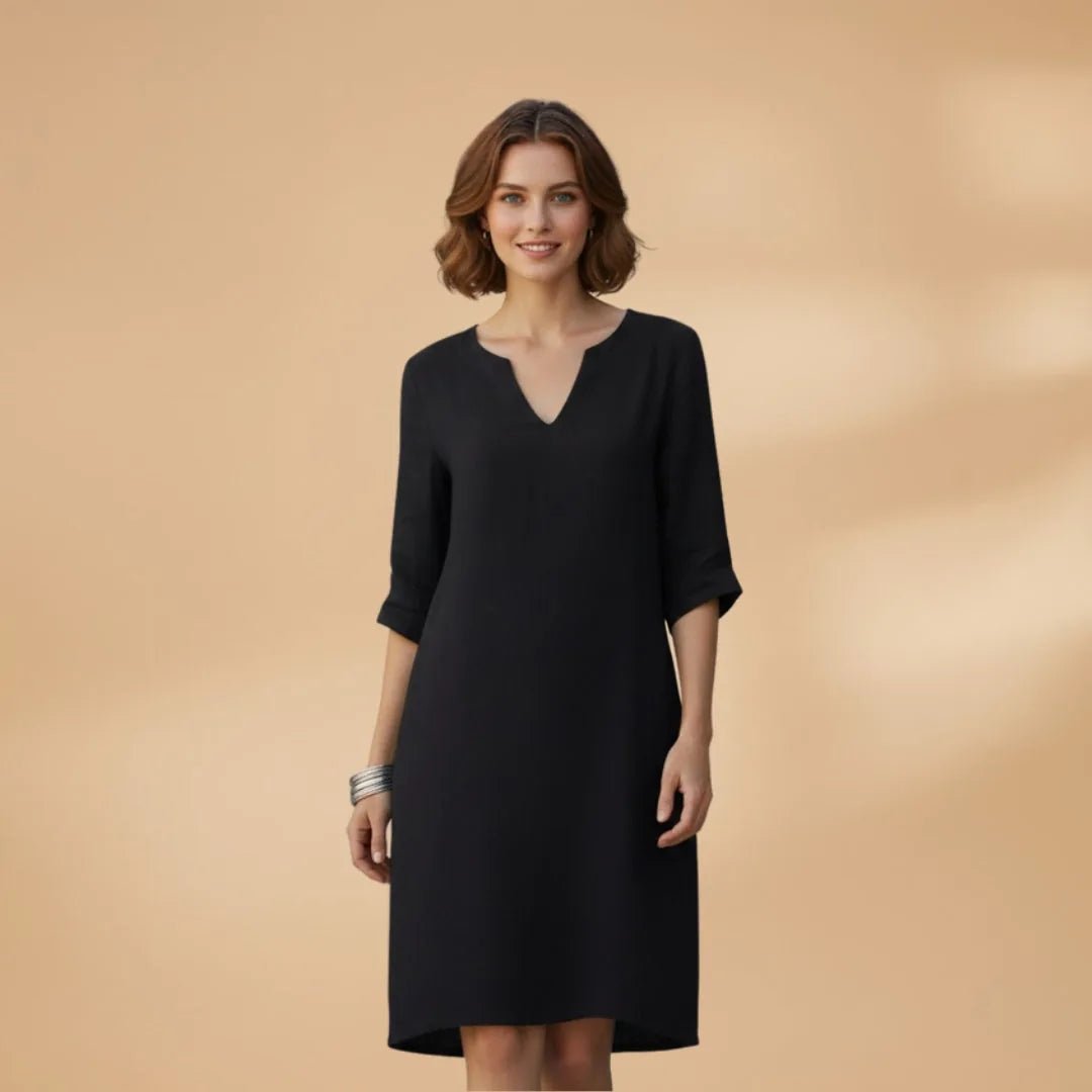 Diana | Elegant Women's V - Neck Dress with Three Quarter Sleeves - Black - 2