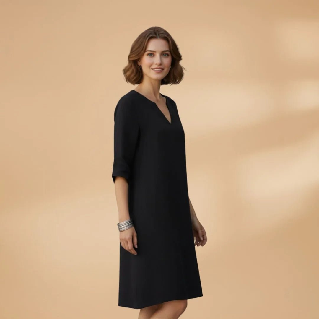 Diana | Elegant Women's V - Neck Dress with Three Quarter Sleeves - Black - 3