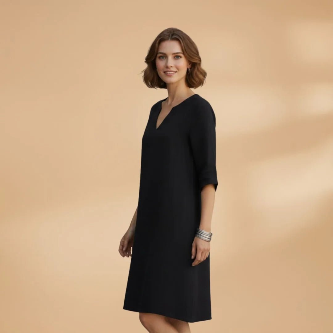 Diana | Elegant Women's V - Neck Dress with Three Quarter Sleeves - Black - 4