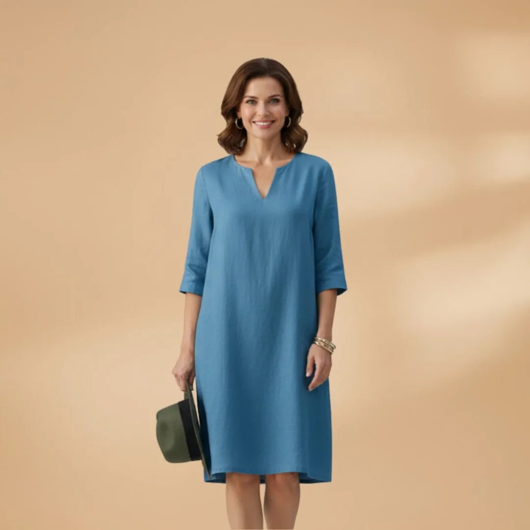 Diana | Elegant Women's V - Neck Dress with Three Quarter Sleeves - Blue - 17