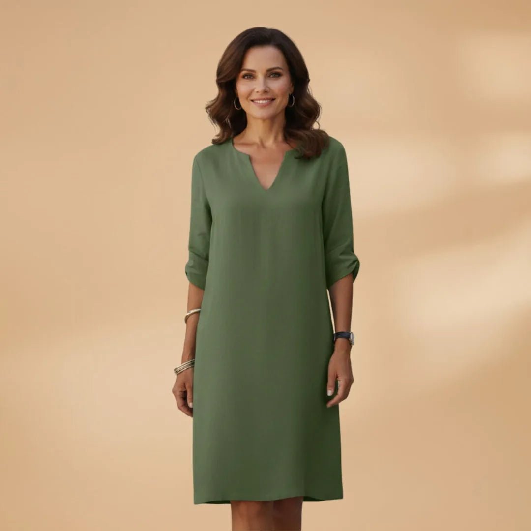 Diana | Elegant Women's V - Neck Dress with Three Quarter Sleeves - Dark Green - 8