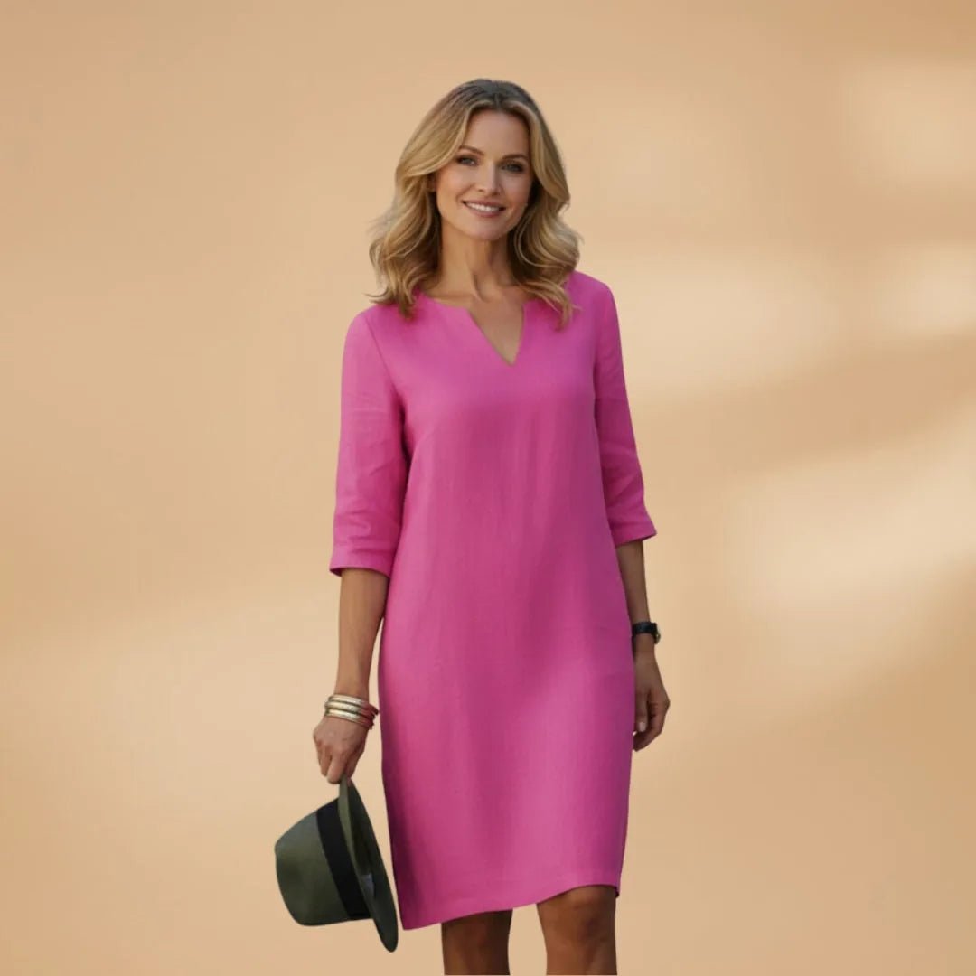 Diana | Elegant Women's V - Neck Dress with Three Quarter Sleeves - Hot Pink - 11