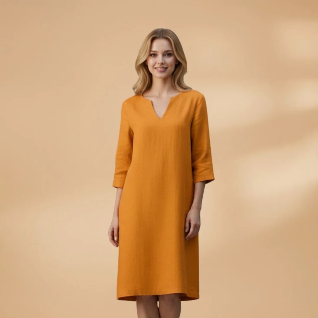 Diana | Elegant Women's V - Neck Dress with Three Quarter Sleeves - Orange - 10
