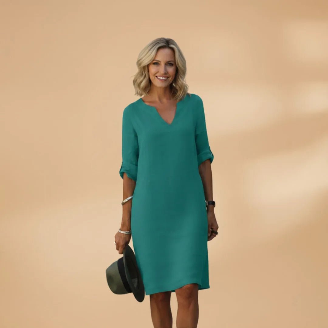 Diana | Elegant Women's V - Neck Dress with Three Quarter Sleeves - Teal - 7