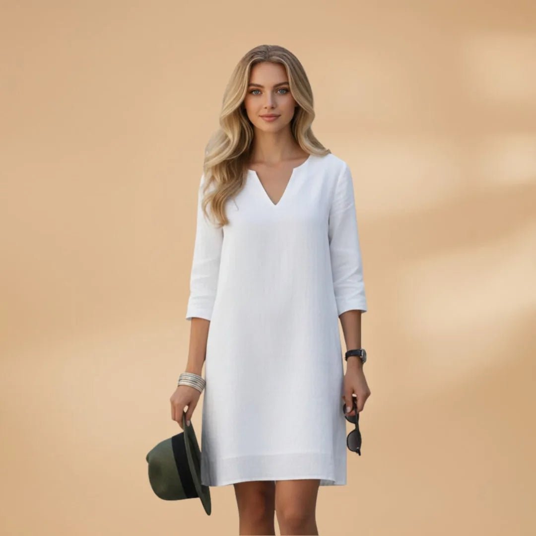 Diana | Elegant Women's V - Neck Dress with Three Quarter Sleeves - White - 14