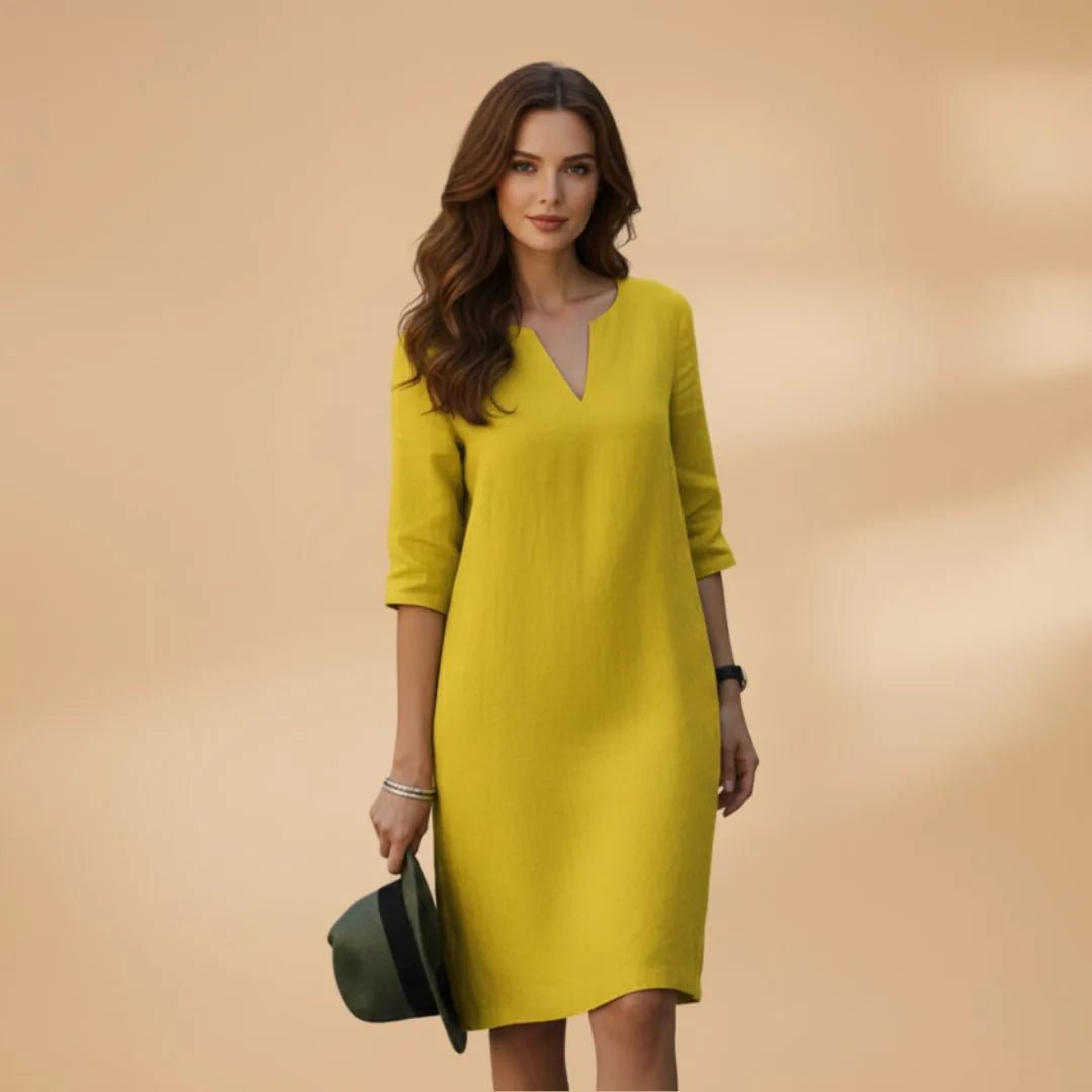 Diana | Elegant Women's V - Neck Dress with Three Quarter Sleeves - Yellow - 15