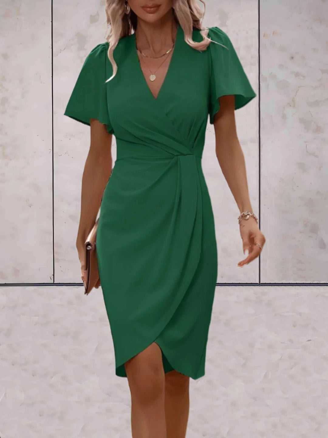 Grn Women's V-Neck Wrap Midi Dress — Sienna Flutter Sleeve Elegant - Front Detail