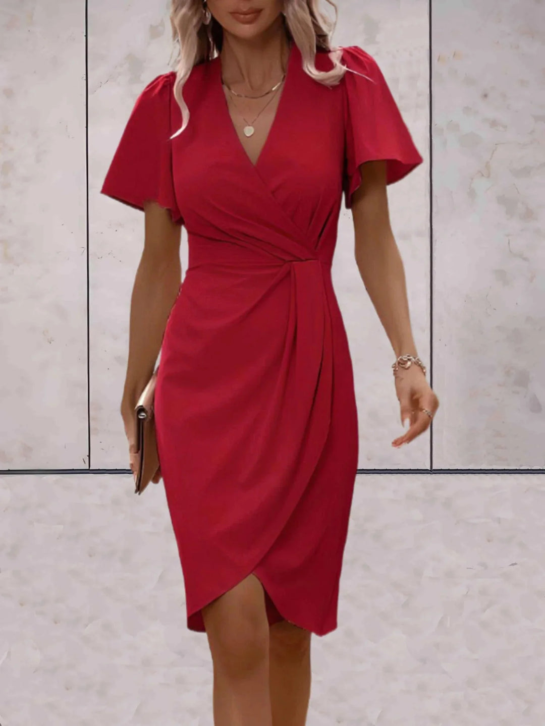 Rot Women's V-Neck Wrap Midi Dress — Sienna Flutter Sleeve Elegant - Front Styled