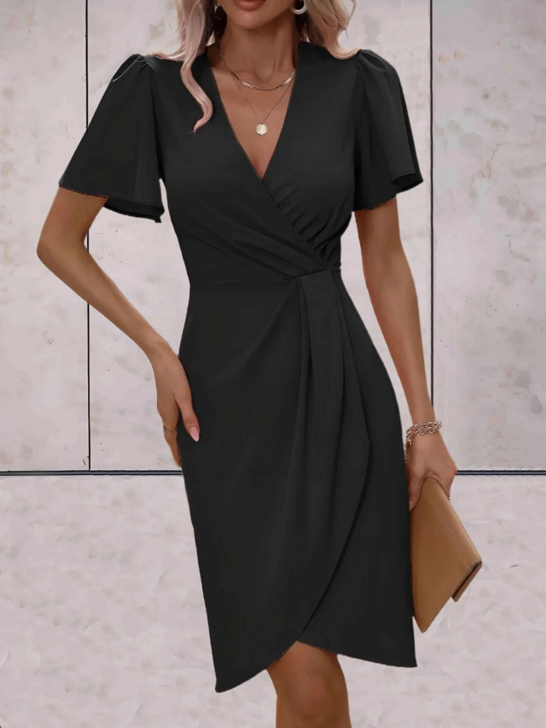 Schwarz Women's V-Neck Wrap Midi Dress — Sienna Flutter Sleeve Elegant - Front Full