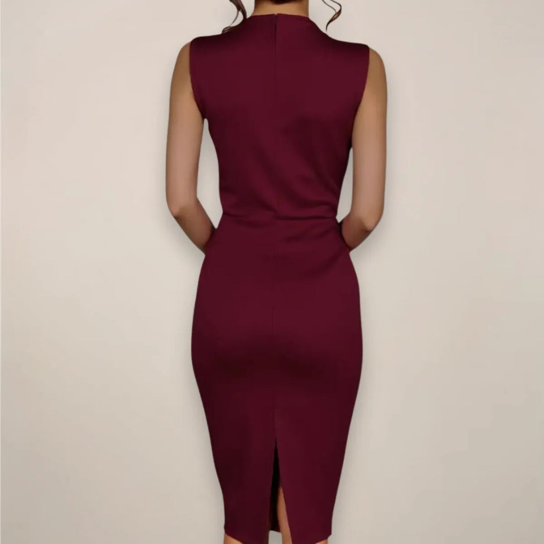 Vivienne | Elegant Sleeveless Midi Wrap Dress with V - Neck - Burgundy - 2