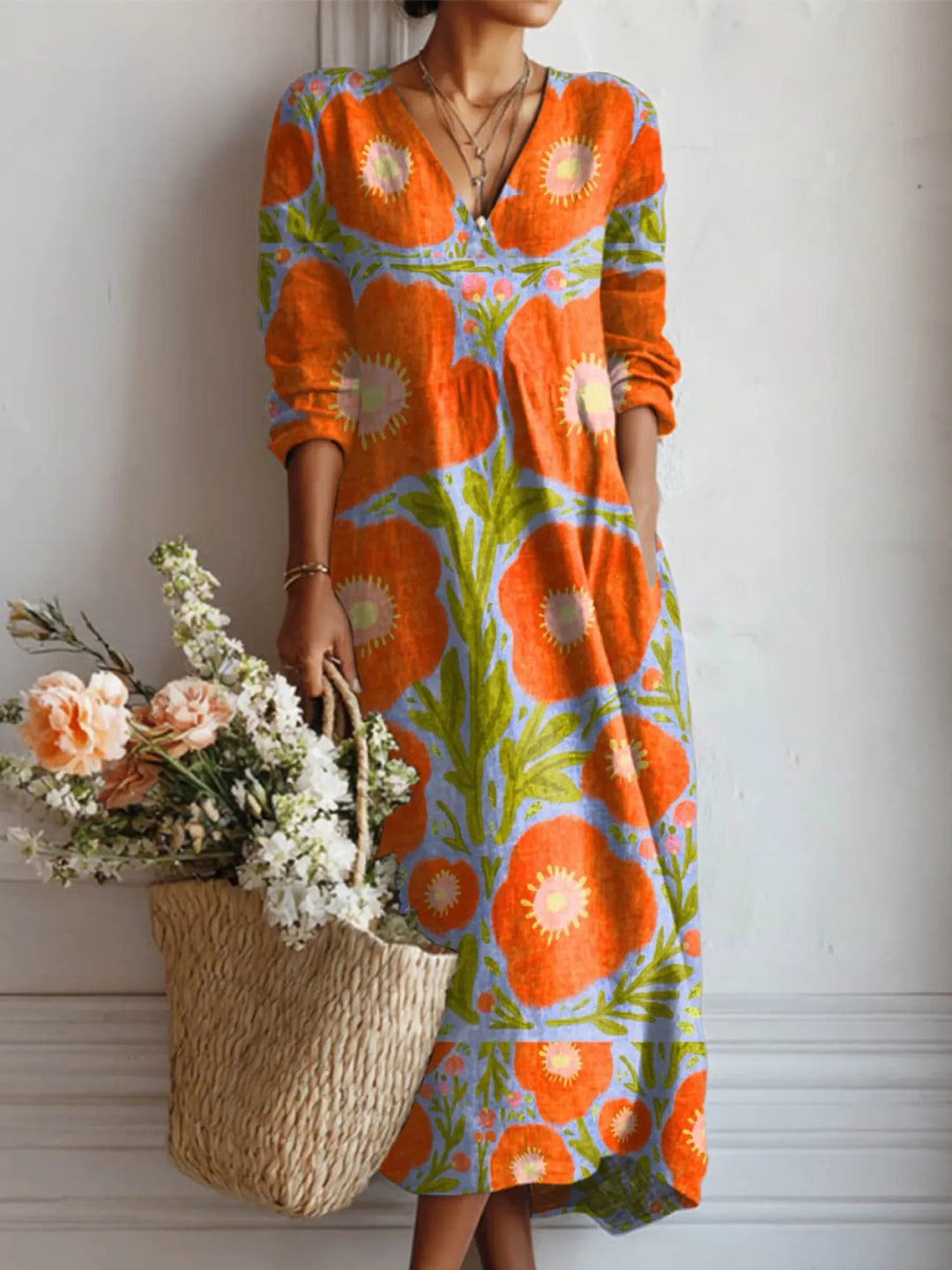 Blue Women's Vintage Floral Linen Pocket Dress — Talia Long Sleeve Maxi - Front Full
