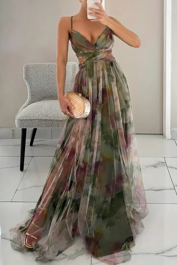 Green Women's Watercolor Print Maxi Dress — Eden V-Neck Cut-Out Flowy - Mirror Selfie Front