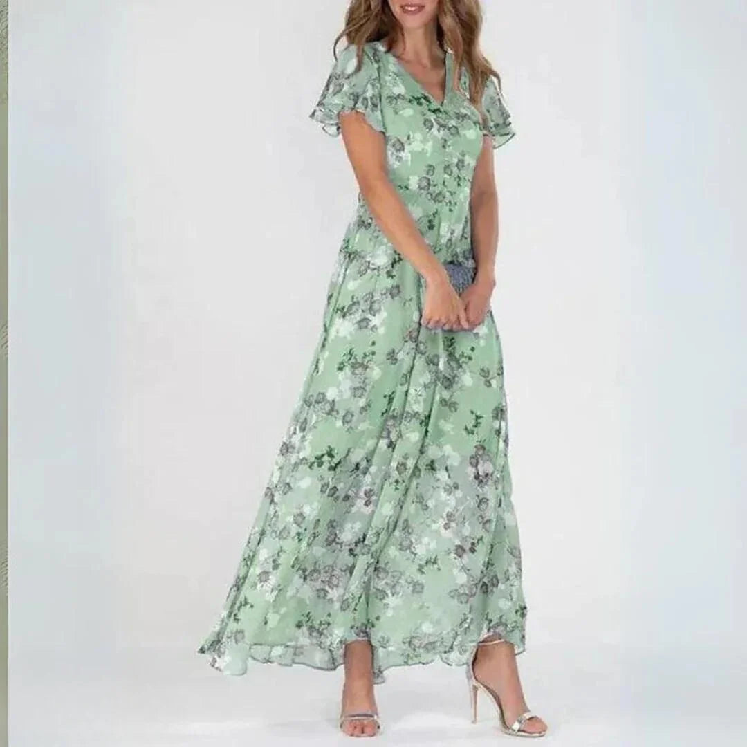 Green Women's Wedding Guest Dress — Eowyn Floral Ruffle Chiffon - Front Styled