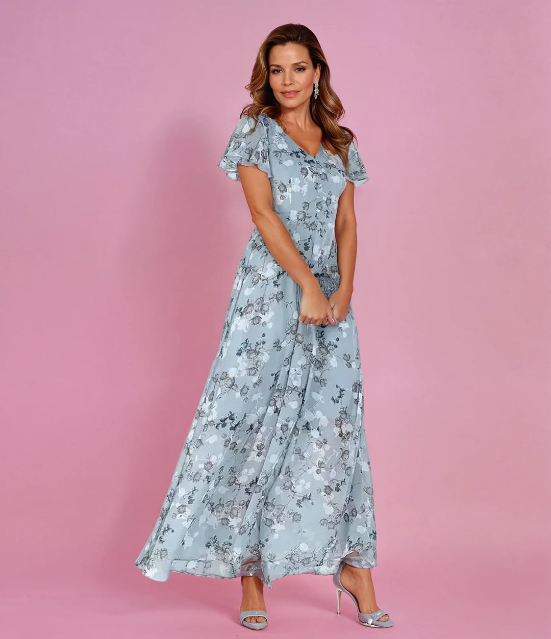 Light Blue Women's Wedding Guest Dress — Eowyn Floral Ruffle Chiffon - Front Full