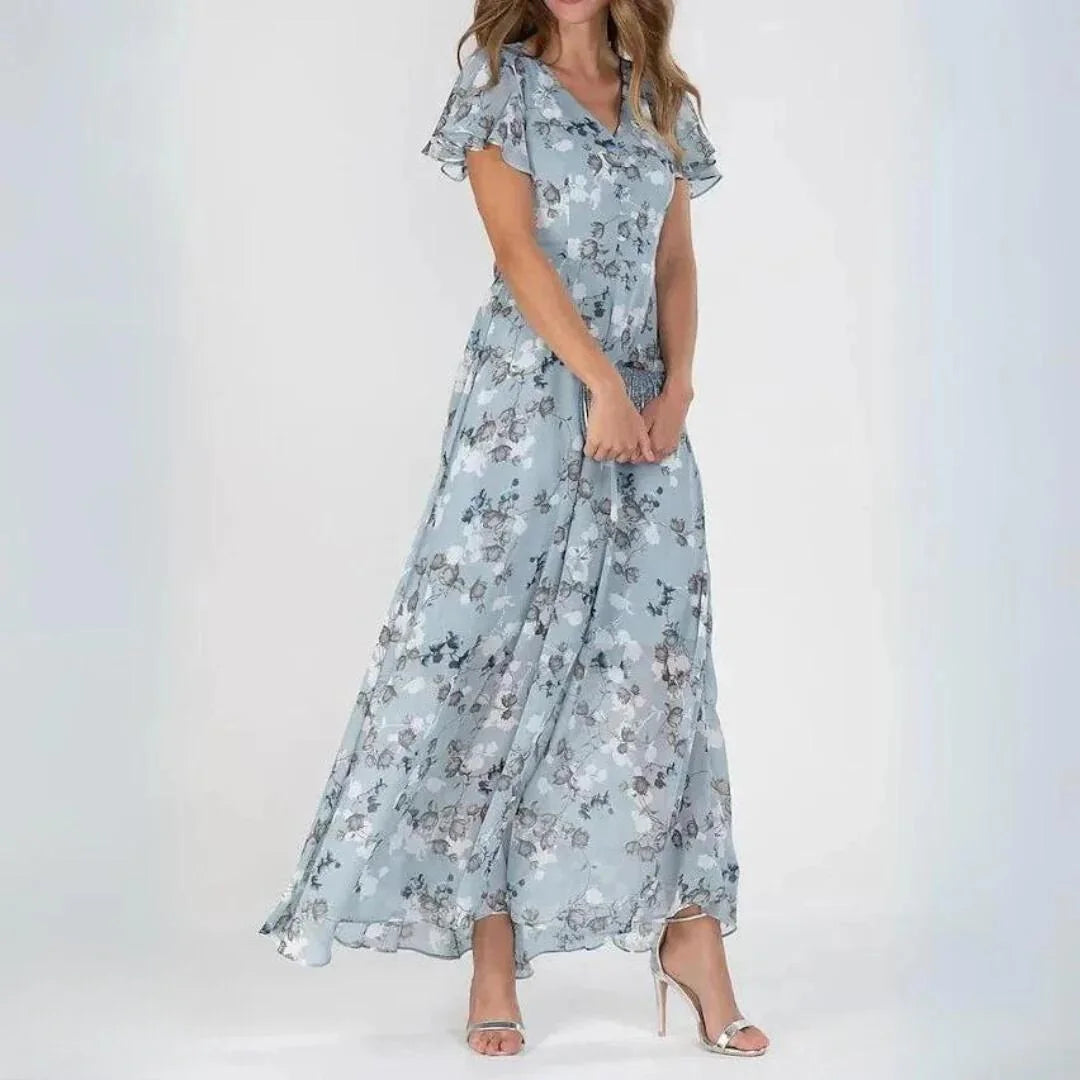 Light Blue Women's Wedding Guest Dress — Eowyn Floral Ruffle Chiffon - Studio Full