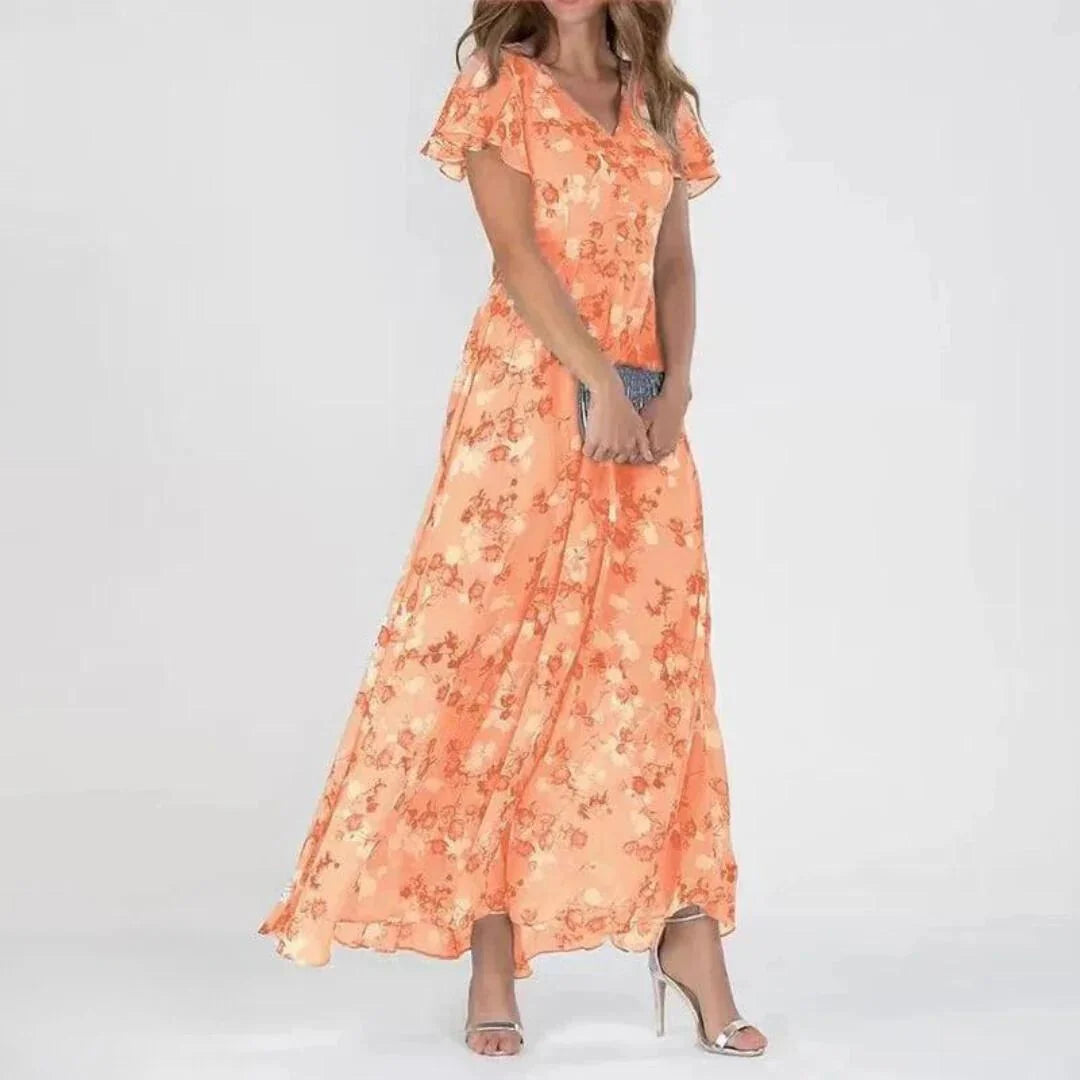 Orange Women's Wedding Guest Dress — Eowyn Floral Ruffle Chiffon - Front Casual