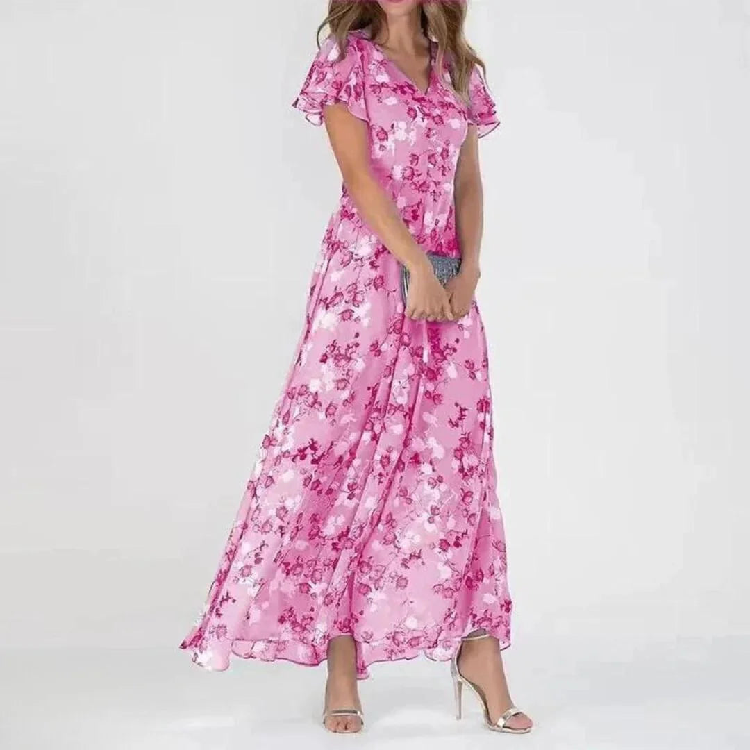 Pink Women's Wedding Guest Dress — Eowyn Floral Ruffle Chiffon - Front Pose